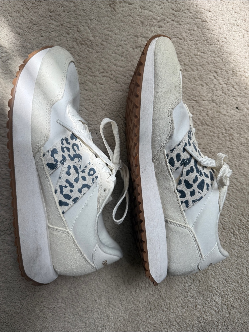 New Balance 237 White Sneakers with Gray Leopard Pattern and Gum Sole
